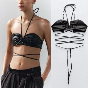 New Zara Faux Leather Strappy Black Bralette Top Small NWOT